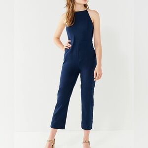 Urban Outfitters | Hattie High-Neck Linen Navy Blue jumpsuit